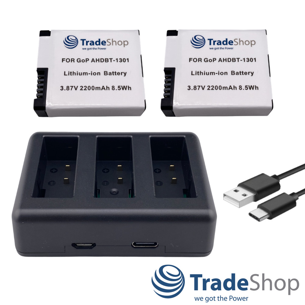 3in1: 2x Akku + USB-C Dreifach-Ladegerät LCD für GoPro HERO13 Black, AHDBT-1301
