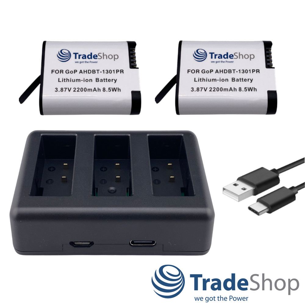 3in1: 2x Akku + USB-C Dreifach-Ladegerät LCD für GoPro HERO13 Black, AHDBT-1301