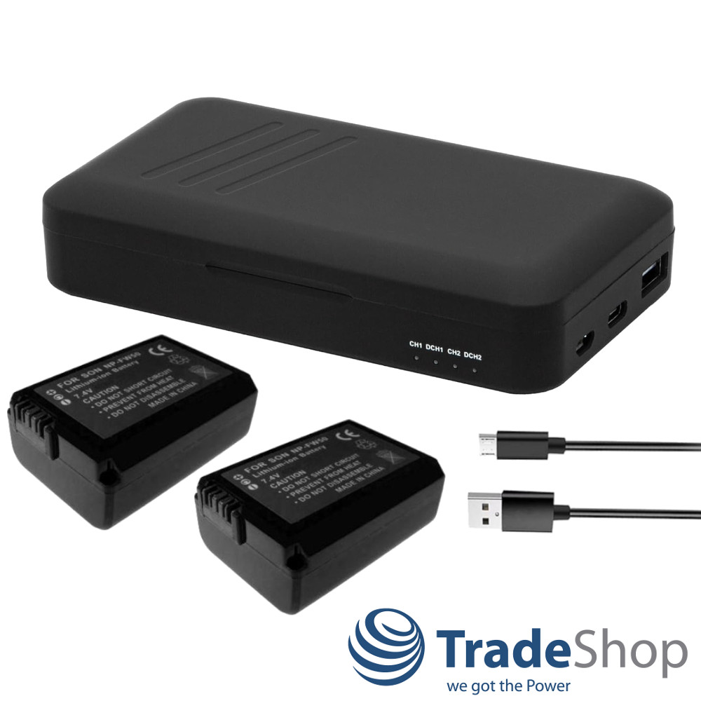 3in1: 2x Akku + Dual Ladegerät mit Powerbank-Funktion für Sony NP-FW50, Alpha 7