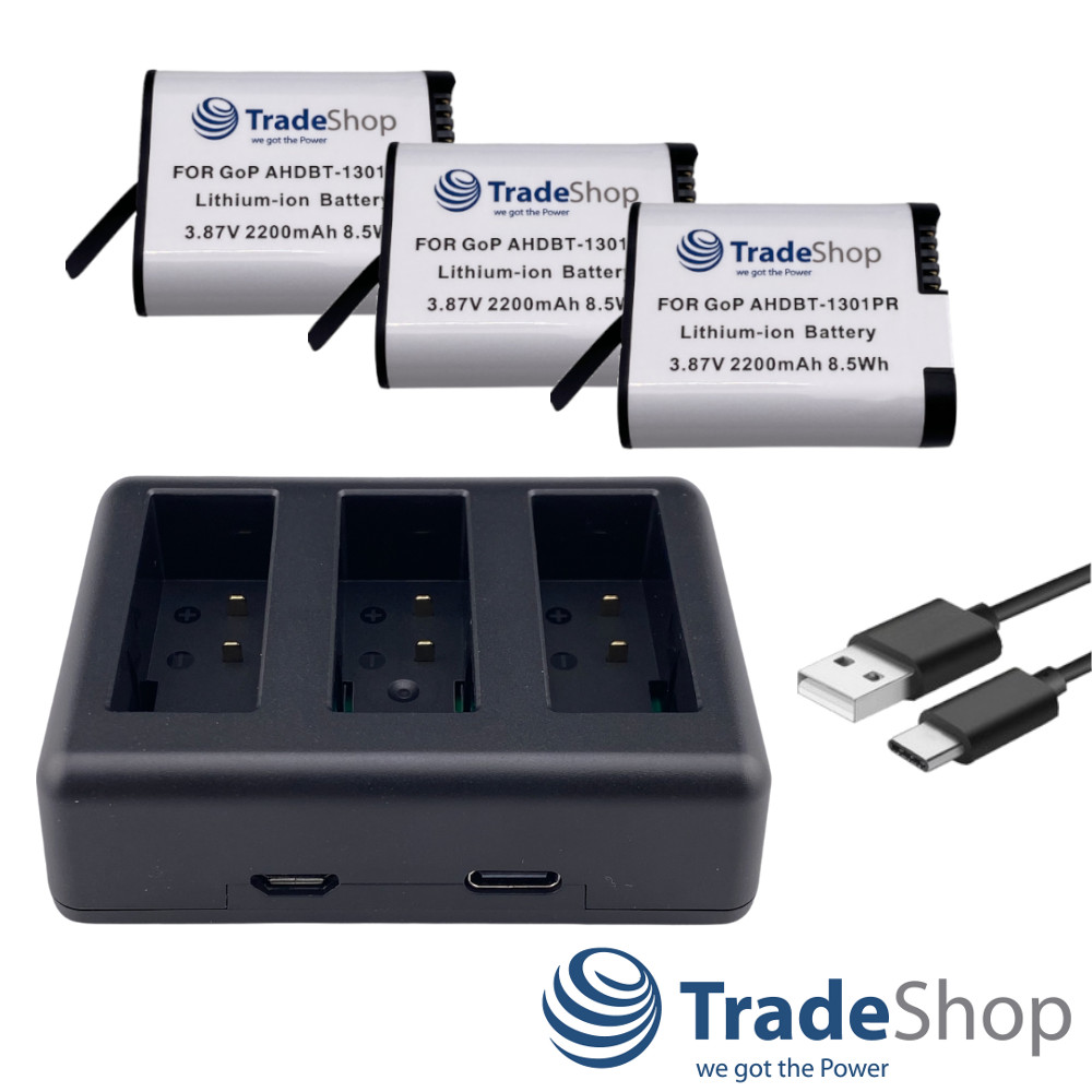 4in1: 3x Akku + USB-C Dreifach-Ladegerät LCD für GoPro HERO13 Black, AHDBT-1301