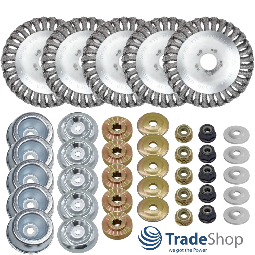 5x Stahldraht Unkrautbürste 15cm inkl Adapter-Set für Stihl, Worx, Husqvarna uvm