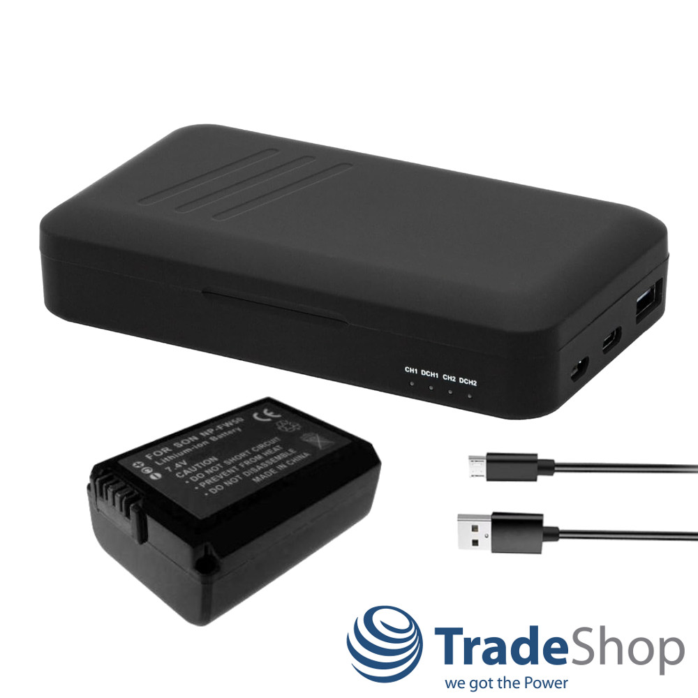 2in1: Akku + Dual Ladegerät mit Powerbank-Funktion für Sony NP-FW50, Alpha 7