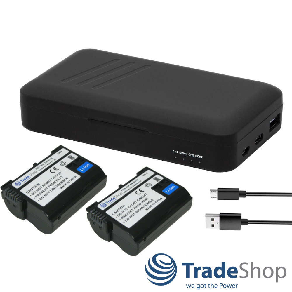 3in1: 2x Akku + Dual Ladegerät mit Powerbank-Funktion für Nikon EN-EL15, D750