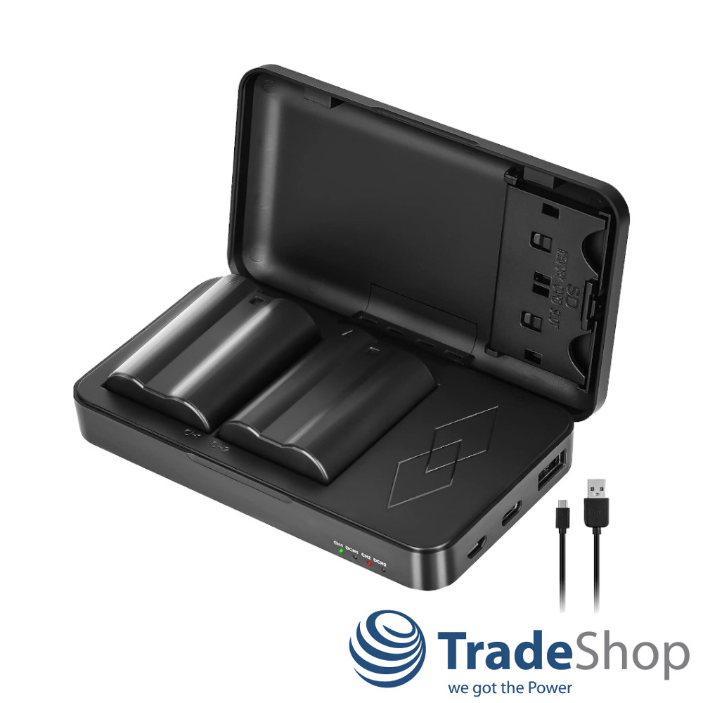 3in1: 2x Akku + Dual Ladegerät mit Powerbank-Funktion für Nikon EN-EL15, D750