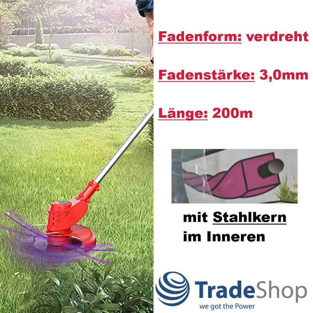 Dual Trimmerschnur Trimmerfaden 3,0mm x 200m Purpur verdrillt für Rasentrimmer