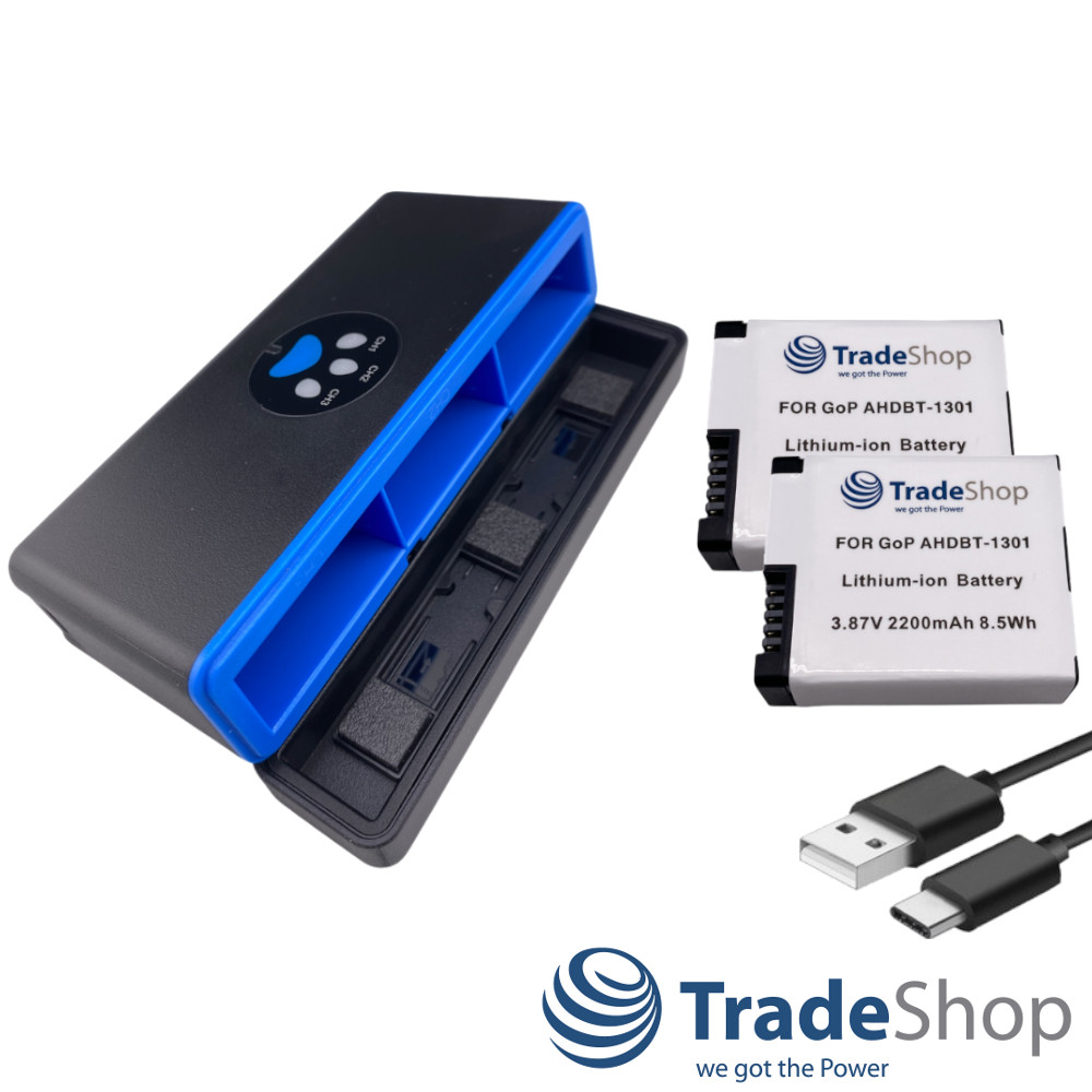 3in1: 2x Akku + USB-C Dreifach-Ladebox LCD für GoPro HERO13 Black, AHDBT-1301