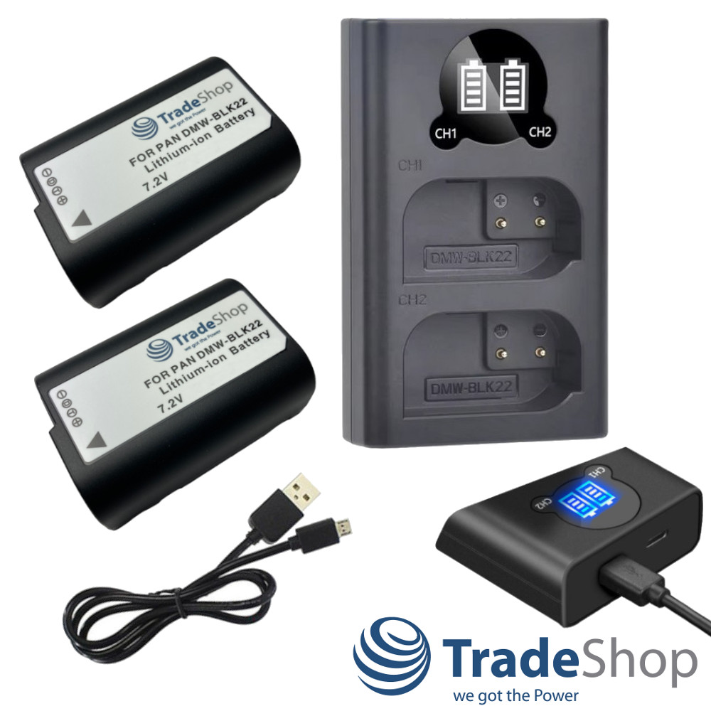 3in1: 2x Akku + Dual Ladegerät LCD Ladestation für Panasonic DMW-BLK22 BLK22E BLK22GK