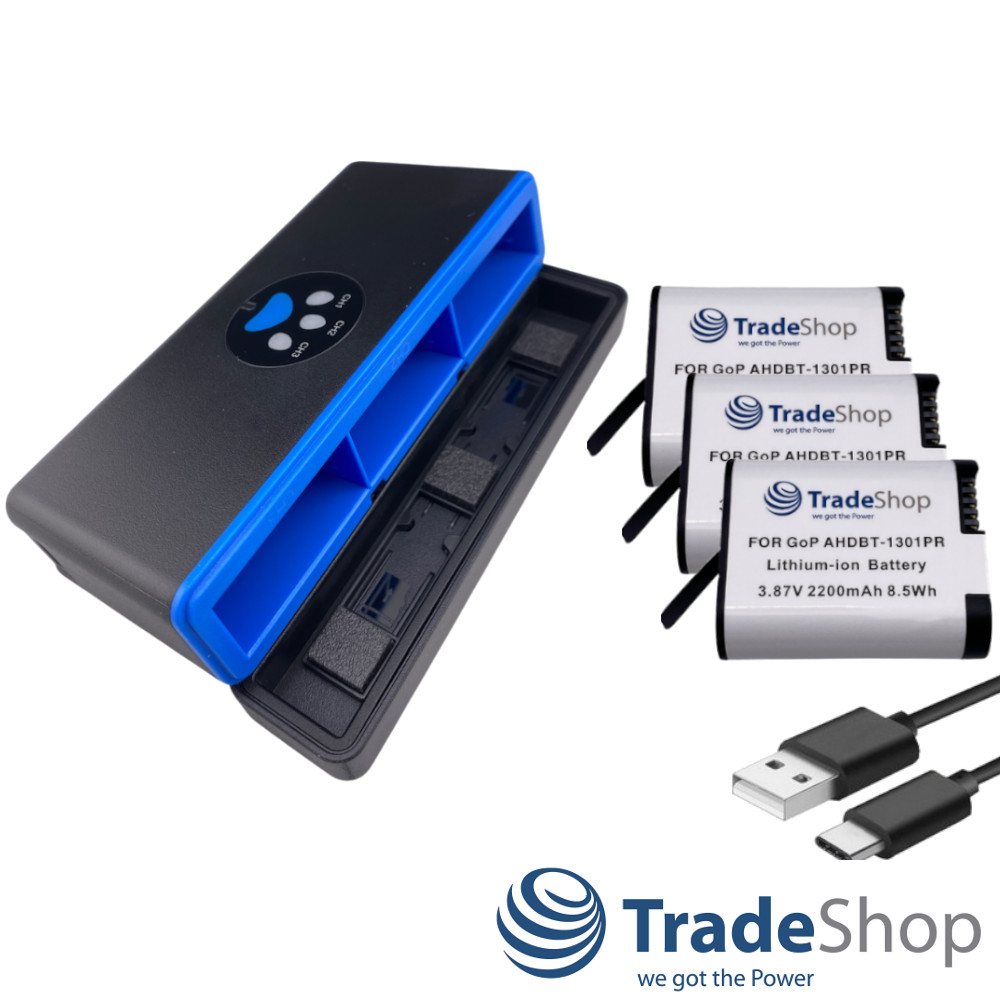 4in1: 3x Akku + USB-C Dreifach-Ladebox LCD für GoPro HERO13 Black, AHDBT-1301