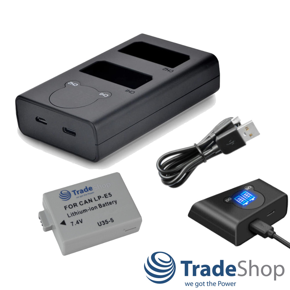 2in1: Akku + Dual USB-C Ladegerät LCD für Canon LP-E5, EOS-450D, EOS-500D