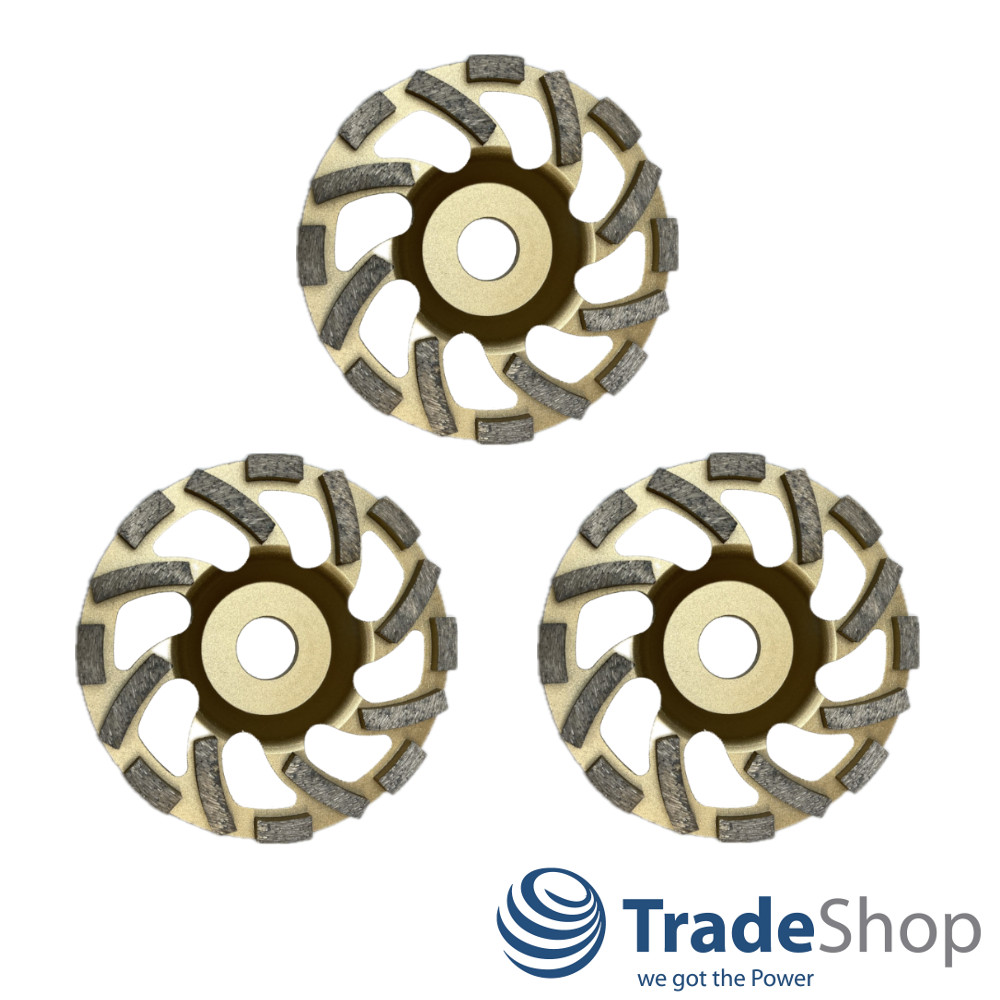 3x Diamant Schleiftopf 125x22,23mm mit 16 Turbo-Segmenten für Beton, Granit etc.