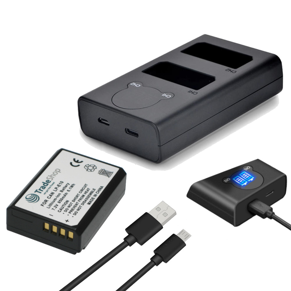 2in1: Akku + Dual Ladegerät LCD Ladestation für Canon LP-E10 LC-E10