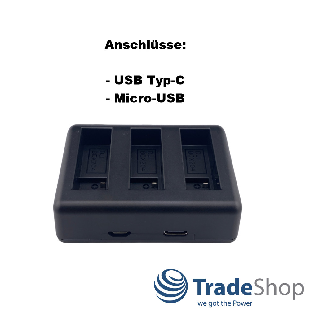 2in1: Akku + USB-C Dreifach-Ladegerät LCD für DJI Osmo Action 3, 4, 5, BCX204