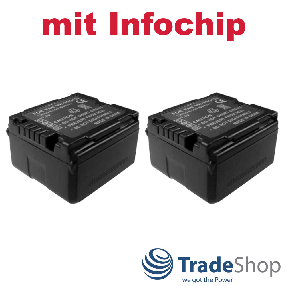 2x Akku 1200mAh ersetzt VW-VBN130 für viele Panasonic Camcorder, mit Info Chip
