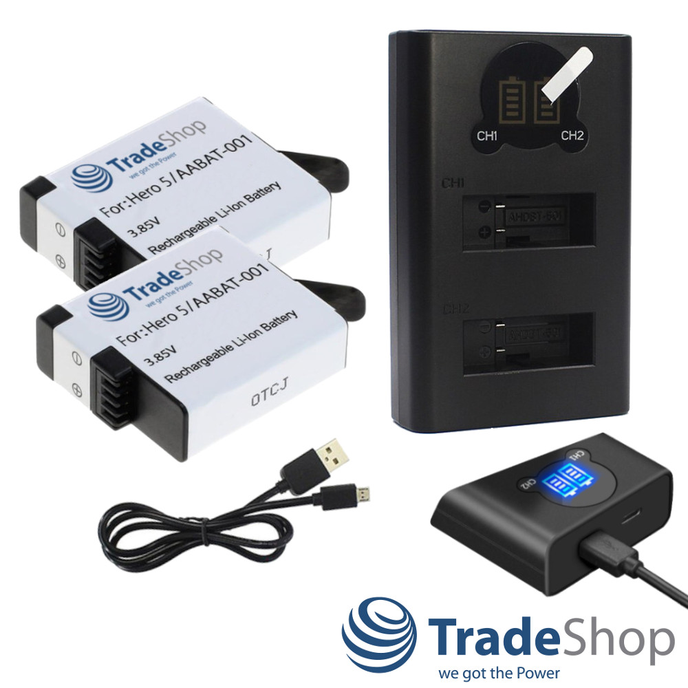 2in1:2x Akku + Dual Ladegerät LCD Ladestation für GoPro Hero 5, 6, 7,8 AHDBT-501