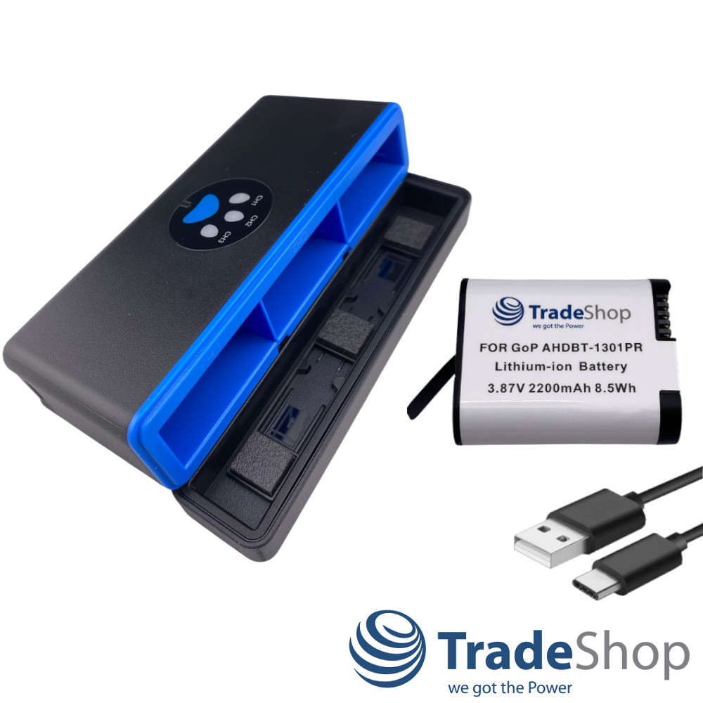 2in1: Akku + USB-C Dreifach-Ladebox LCD für GoPro HERO13 Black, AHDBT-1301