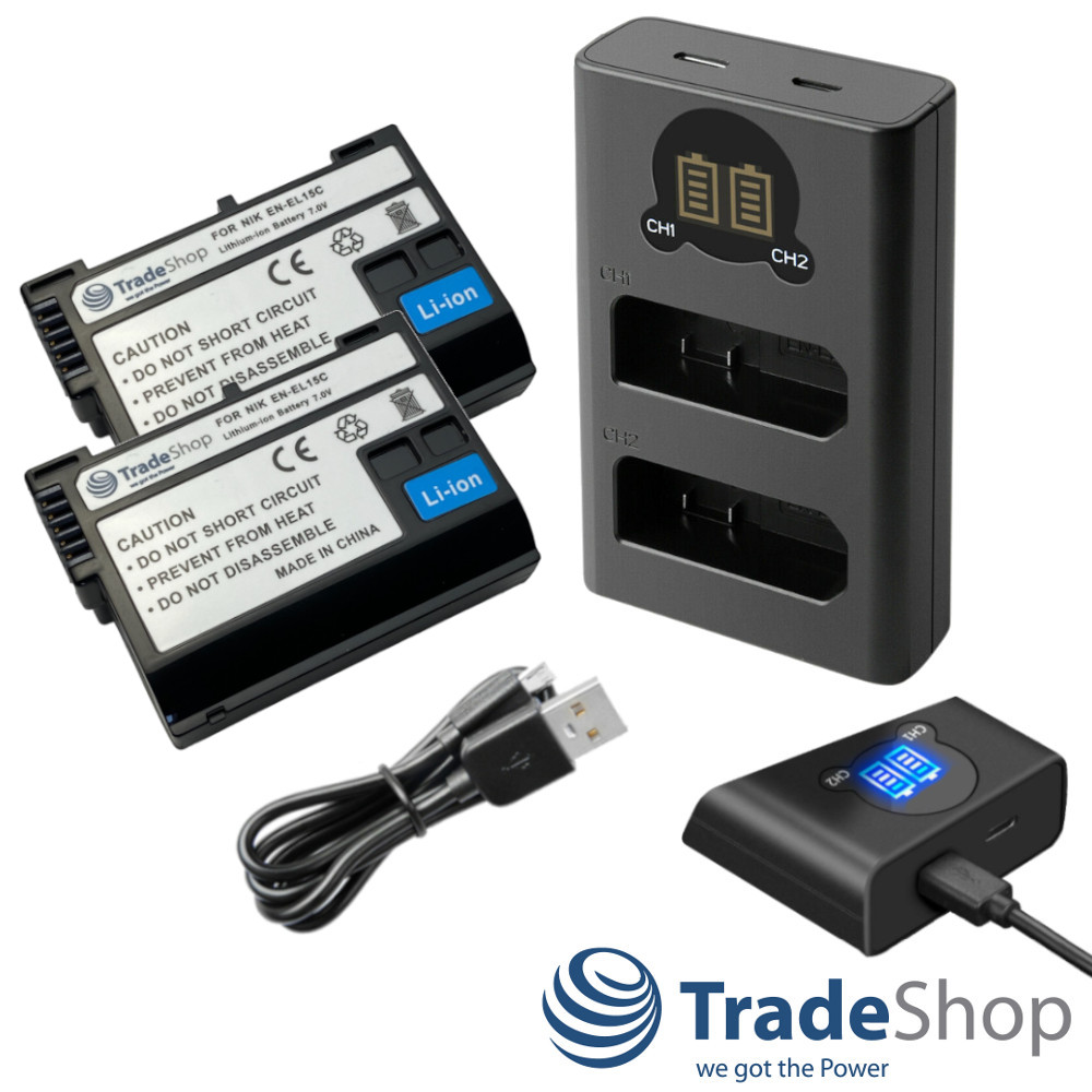 3in1: 2x Akku 2,4Ah + Dual USB-C Ladegerät LCD für Nikon EN-EL15 MH-25 D500 D600