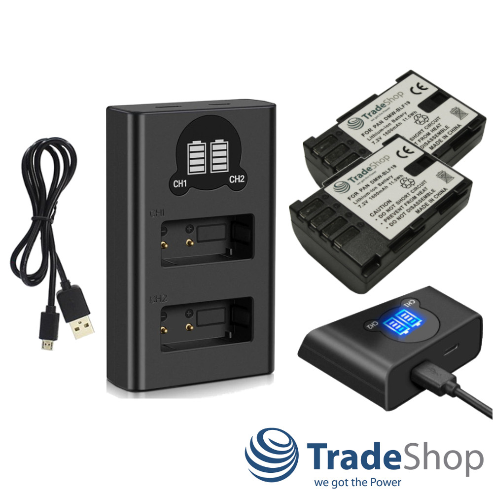 2x Akku + Dual Ladegerät LCD Ladestation für Panasonic DMW-BLF19
