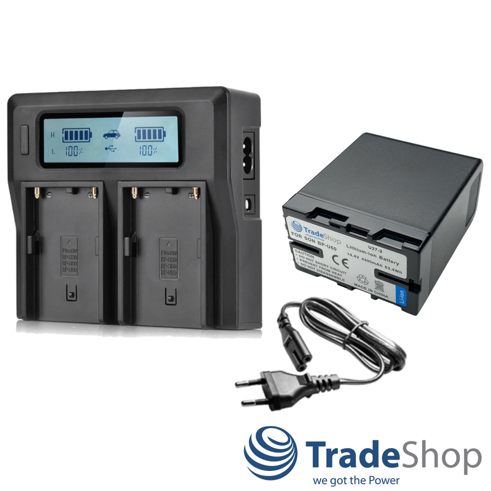2in1: Akku + Dual LCD Ladegerät inkl. Netzkabel für Sony BP-U30, BP-U35, BP-U60