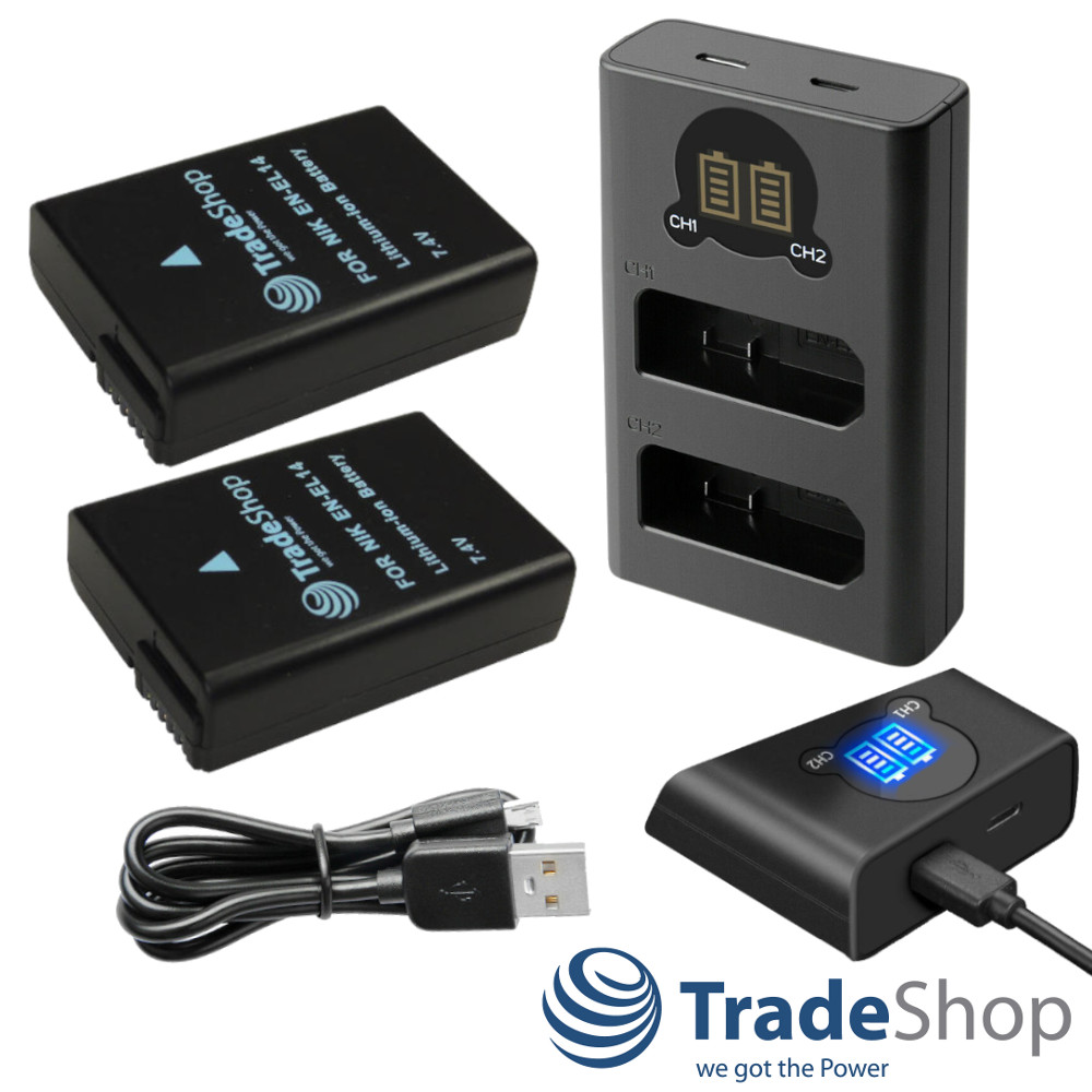 2in1: 2x Akku + Dual Ladegerät LCD Ladestation für Nikon EN-EL14 MH-24 D3100