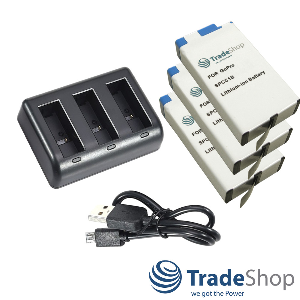 3x Akku 1400mAh + 3-fach Ladegerät für GoPro Max - SPCC1B, ACBAT-001, BC-GP7C