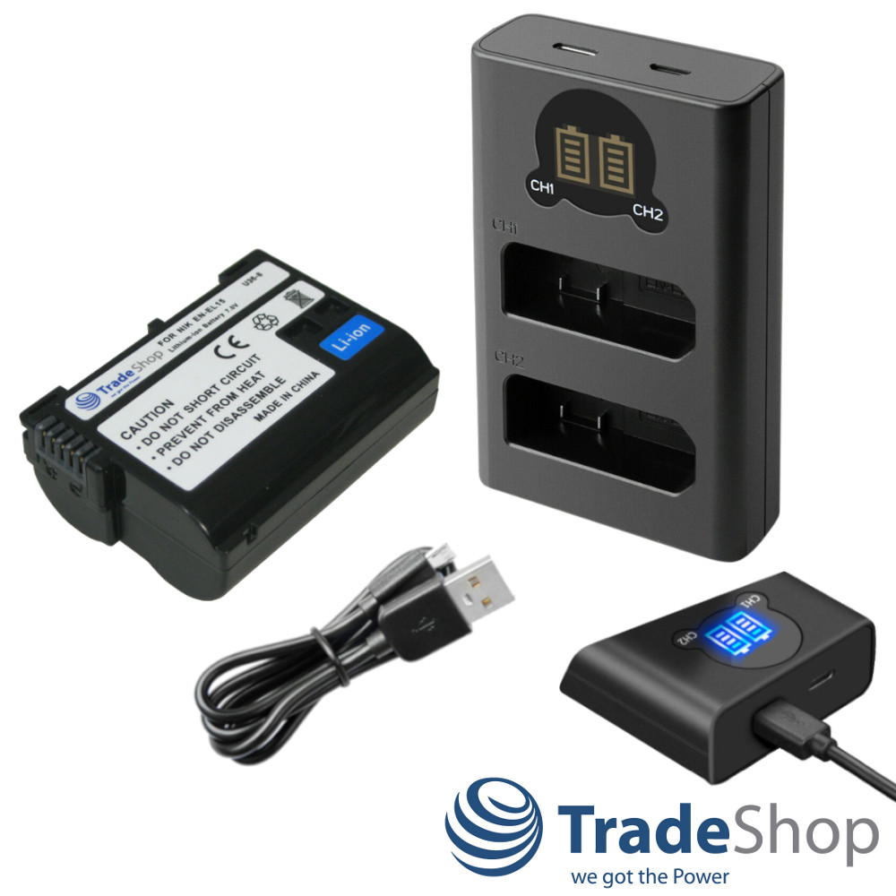 2in1: Akku + Dual Ladegerät LCD Ladestation für Nikon EN-EL15 MH-25 D500 D600
