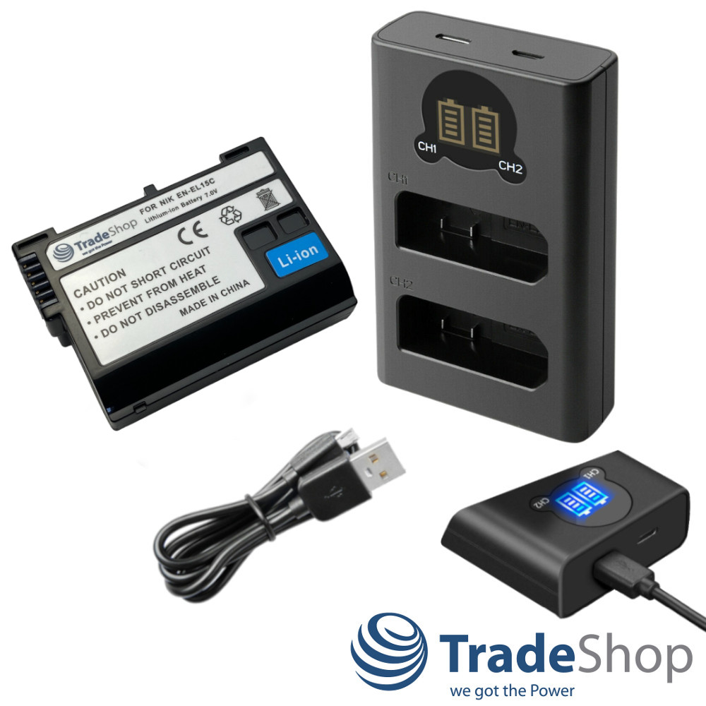 2in1: Akku 2400mAh + Dual USB-C Ladegerät LCD für Nikon EN-EL15 MH-25 D500 D600