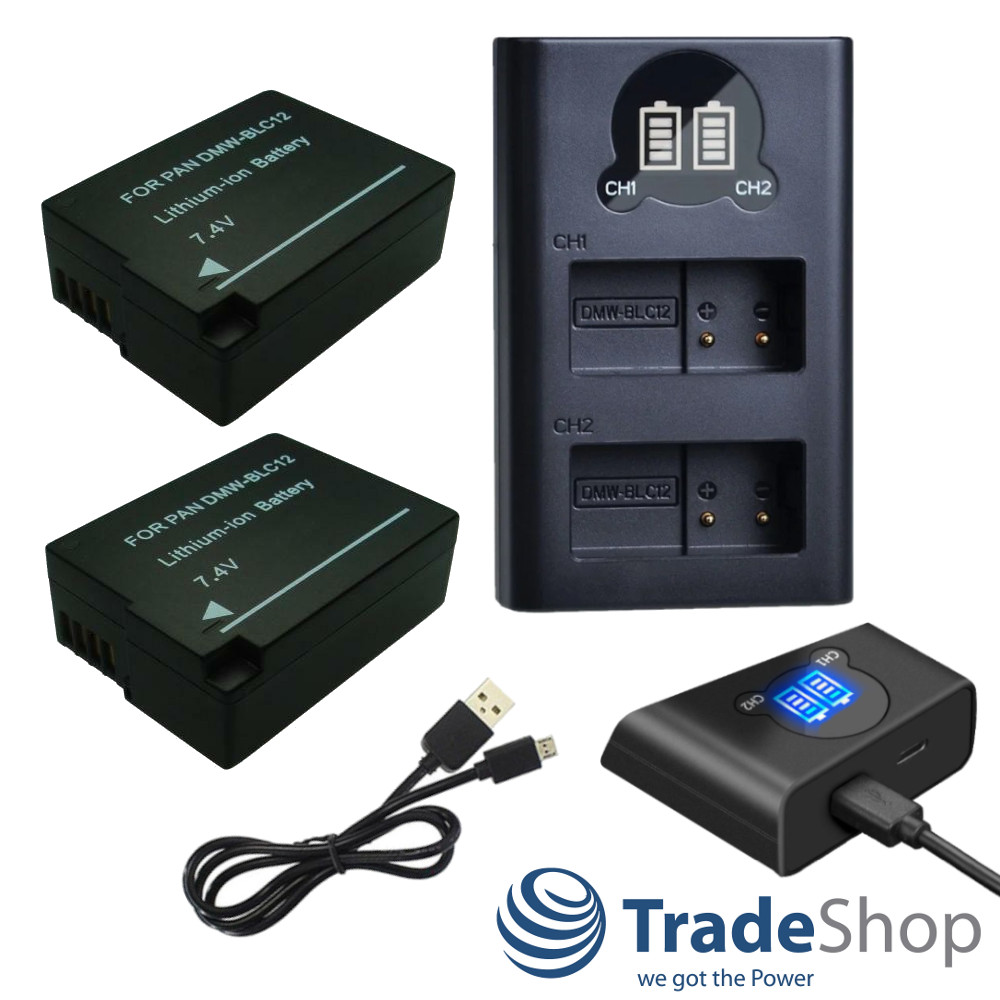 3in1: 2x Akku + Dual Ladegerät LCD Ladestation für Panasonic DMW-BLC12 Leica BP-DC12