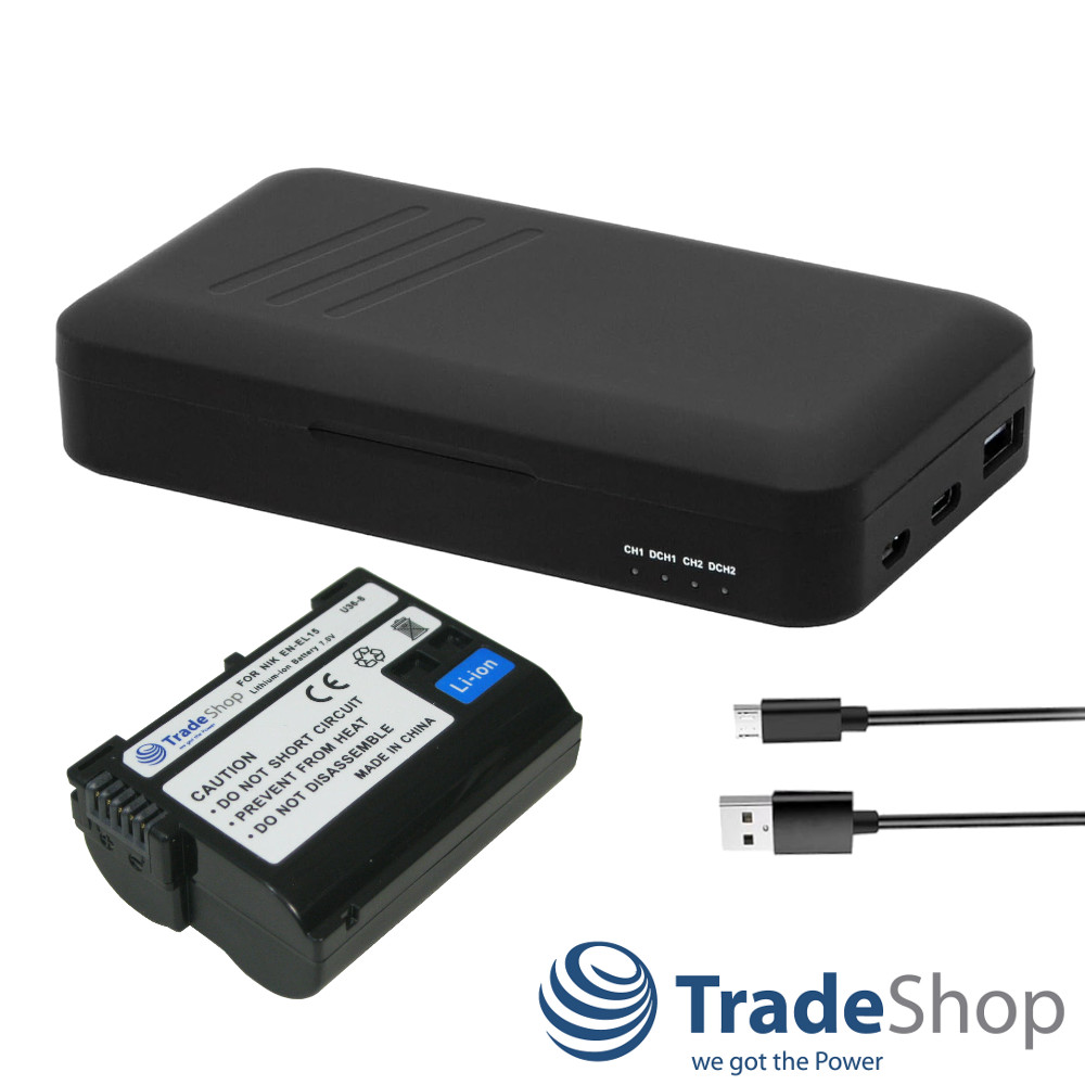 2in1: Akku + Dual Ladegerät mit Powerbank-Funktion für Nikon EN-EL15, D750