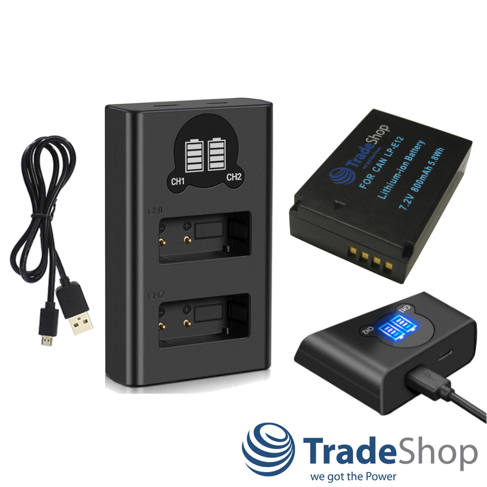 2in1: Akku + Dual Ladegerät LCD Ladestation für Canon LP-E12 LC-E12E