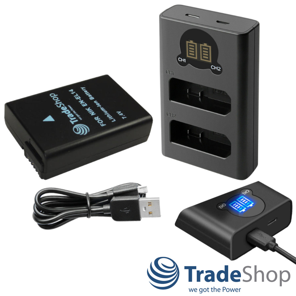 2in1: Akku + Dual Ladegerät LCD Ladestation für Nikon EN-EL14 MH-24 D3100 D3200
