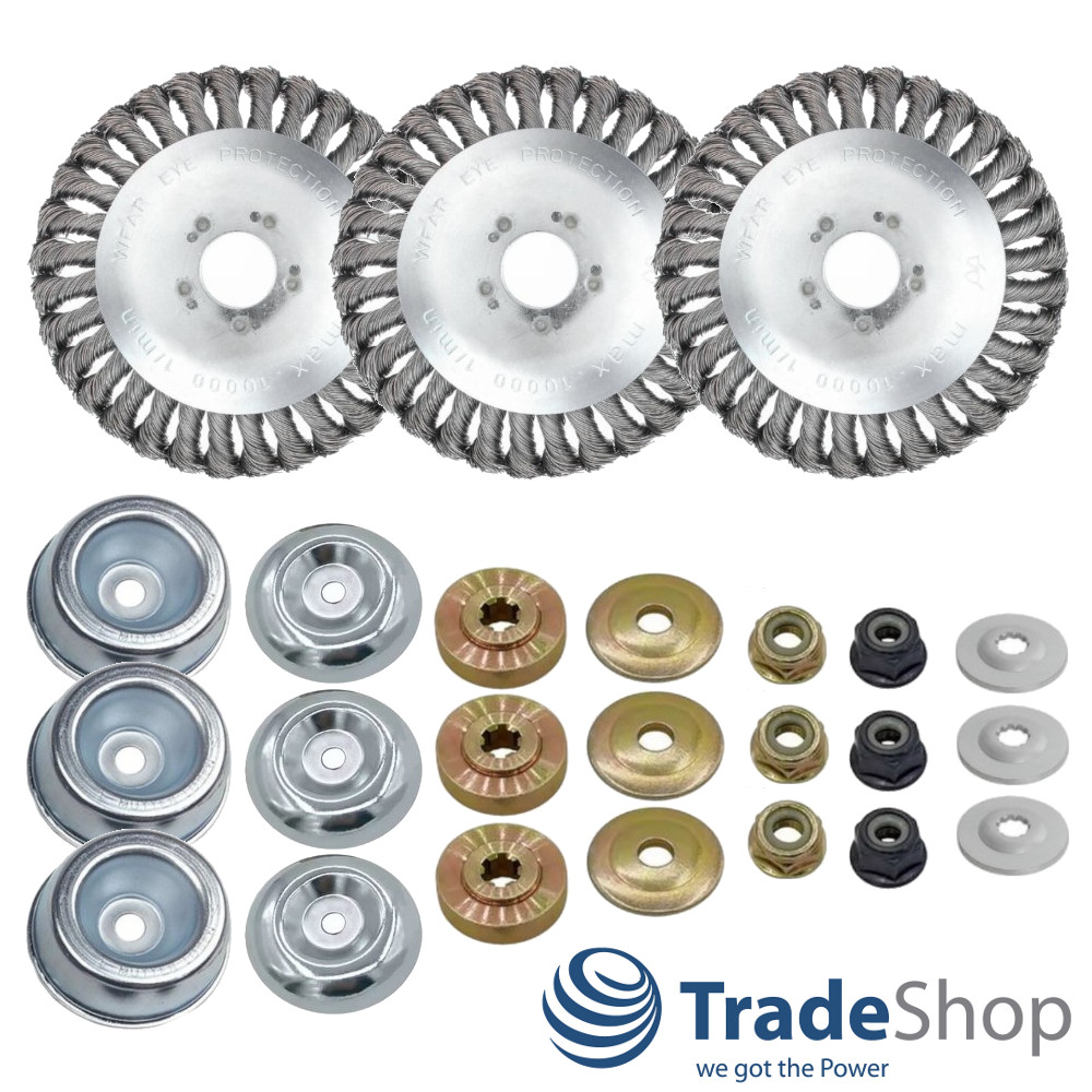 3x Stahldraht Unkrautbürste 15cm inkl Adapter-Set für Stihl, Worx, Husqvarna uvm