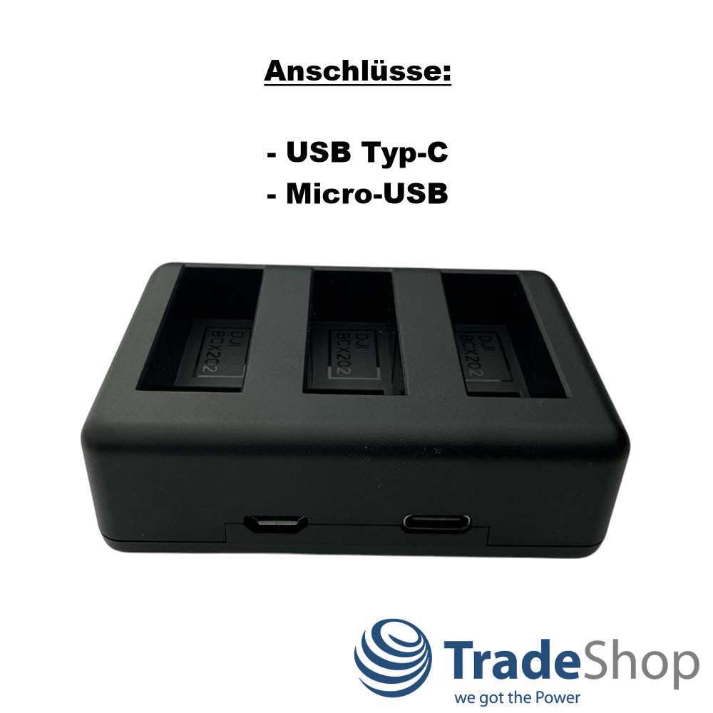 3in1: 2x Akku + USB-C Dreifach-Ladegerät LCD für DJI Osmo Action 3, 4, 5, BCX202