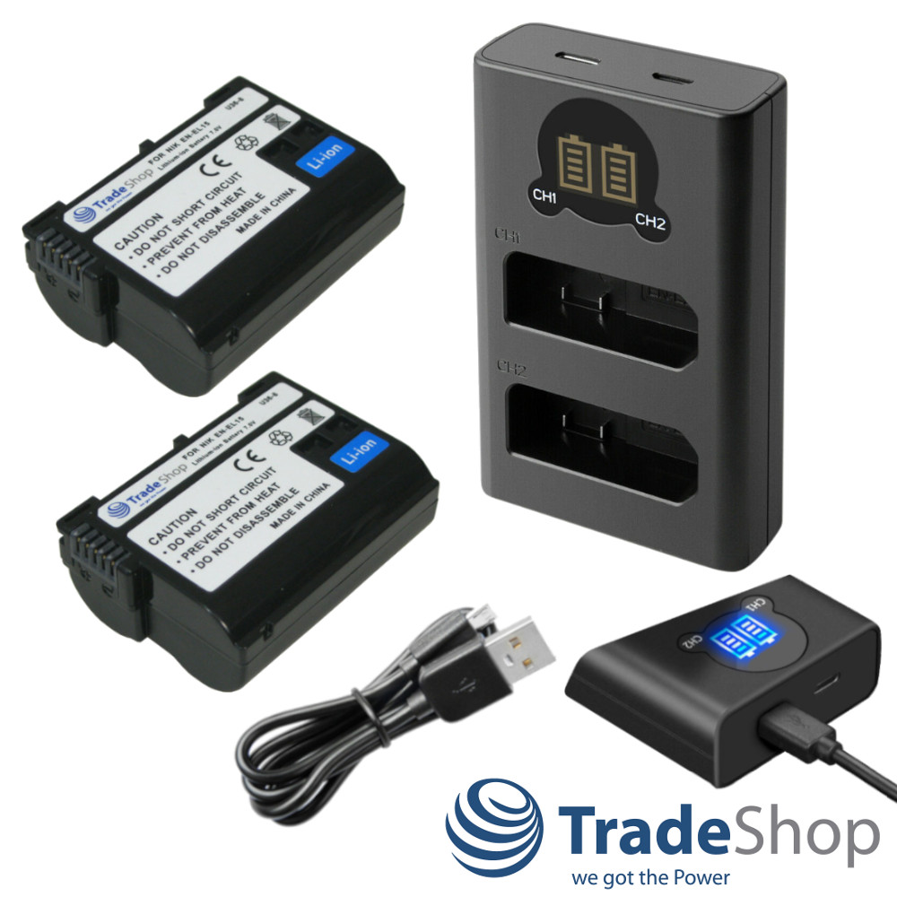 3in1: 2x Akku + Dual Ladegerät LCD Ladestation für Nikon EN-EL15 MH-25 D500 D600