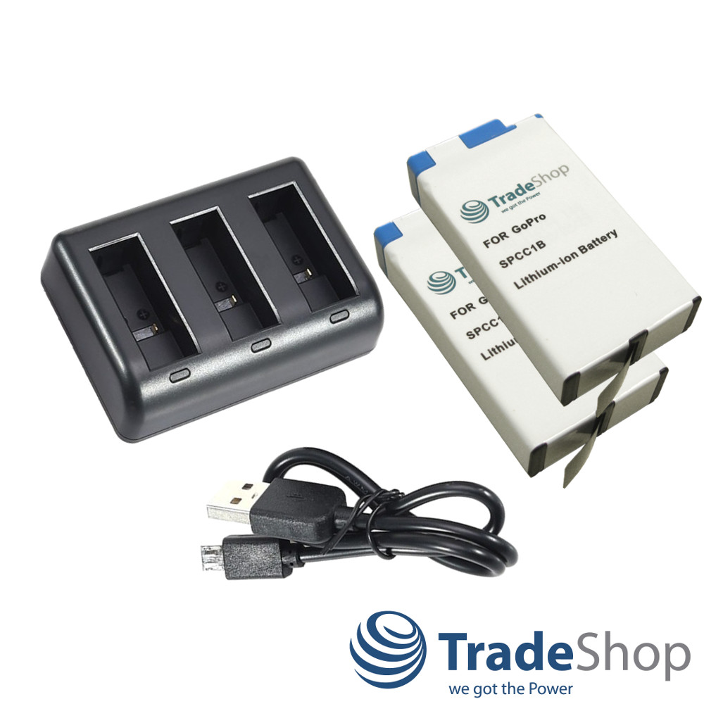 2x Akku 1650mAh + 3-fach Ladegerät für GoPro Max - SPCC1B, ACBAT-001, BC-GP7C