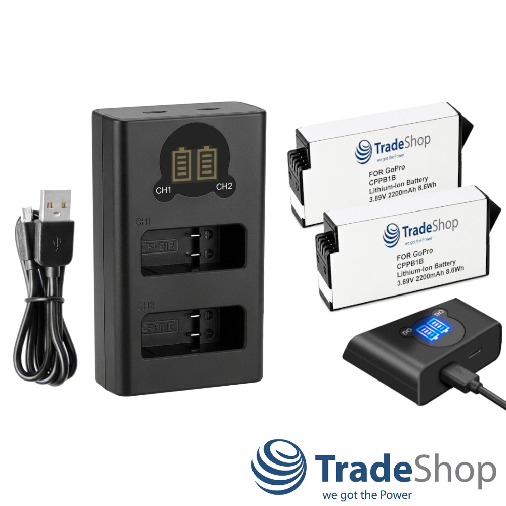 3in1 Set: 2x Akku + Dual Ladegerät LCD Ladestation für GoPro Max 2, AMBAT-001