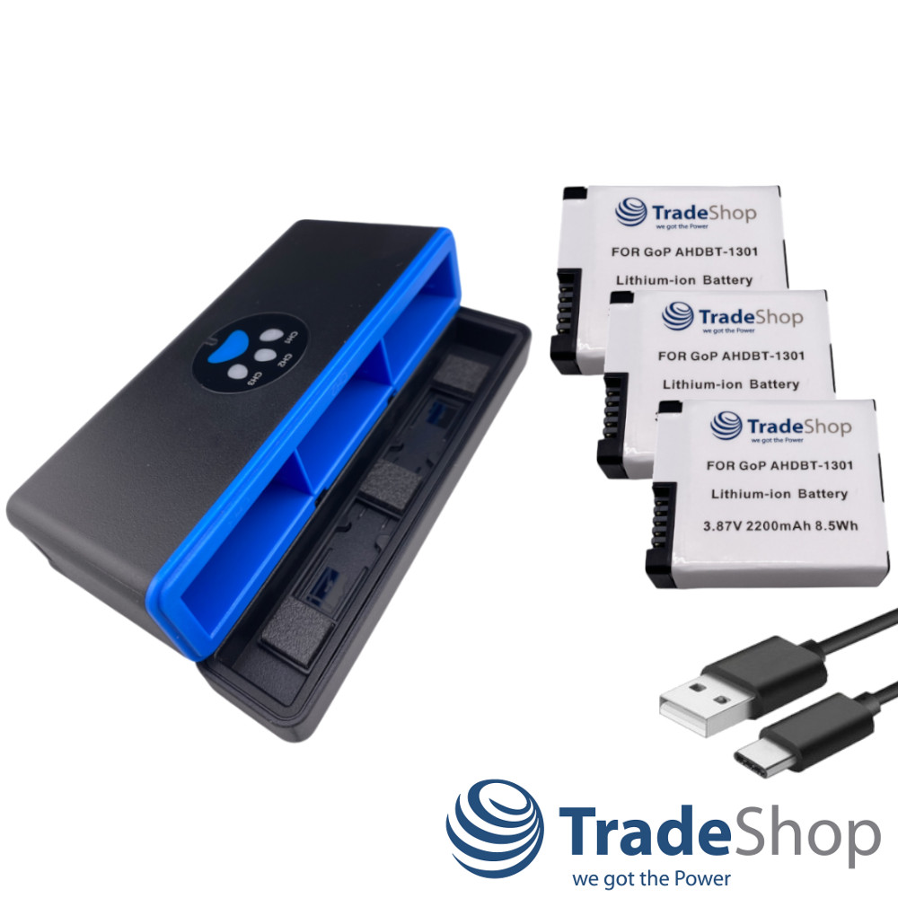 4in1: 3x Akku + USB-C Dreifach-Ladebox LCD für GoPro HERO13 Black, AHDBT-1301