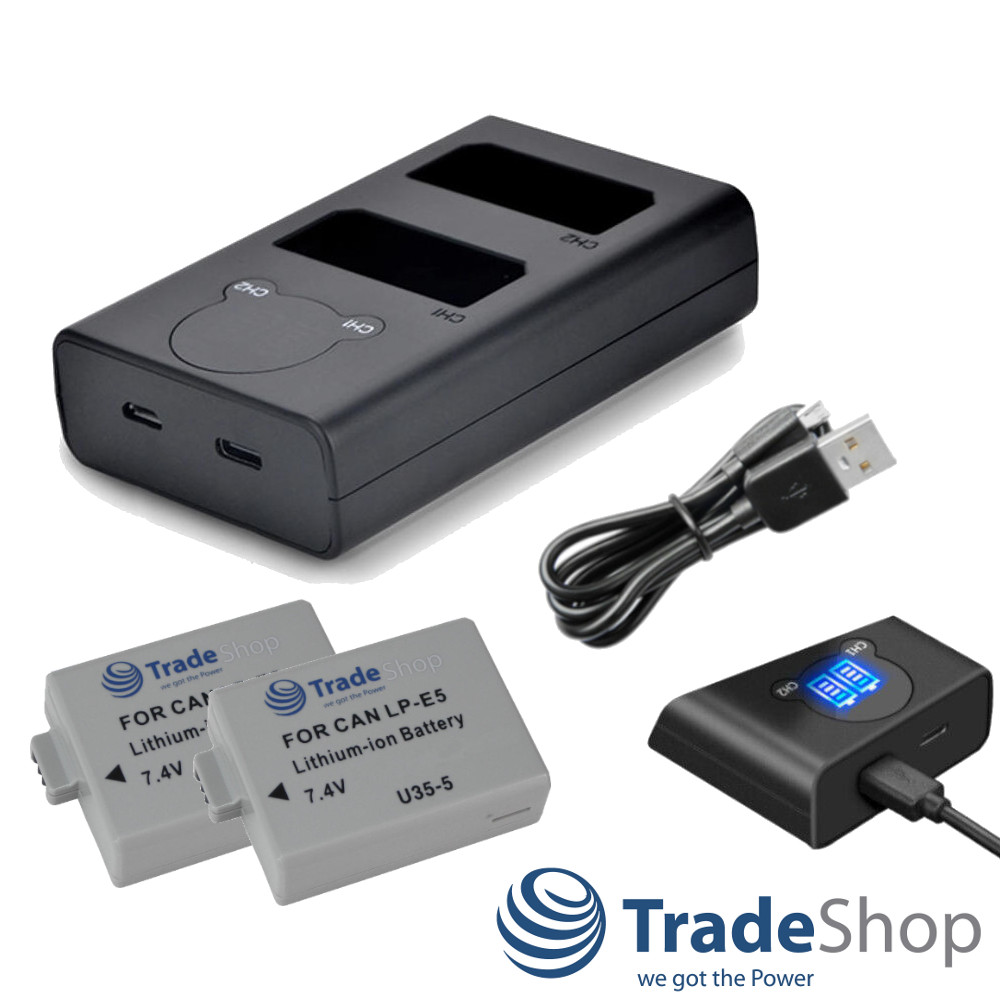 3in1: 2x Akku + Dual USB-C Ladegerät LCD für Canon LP-E5, EOS-450D, EOS-500D
