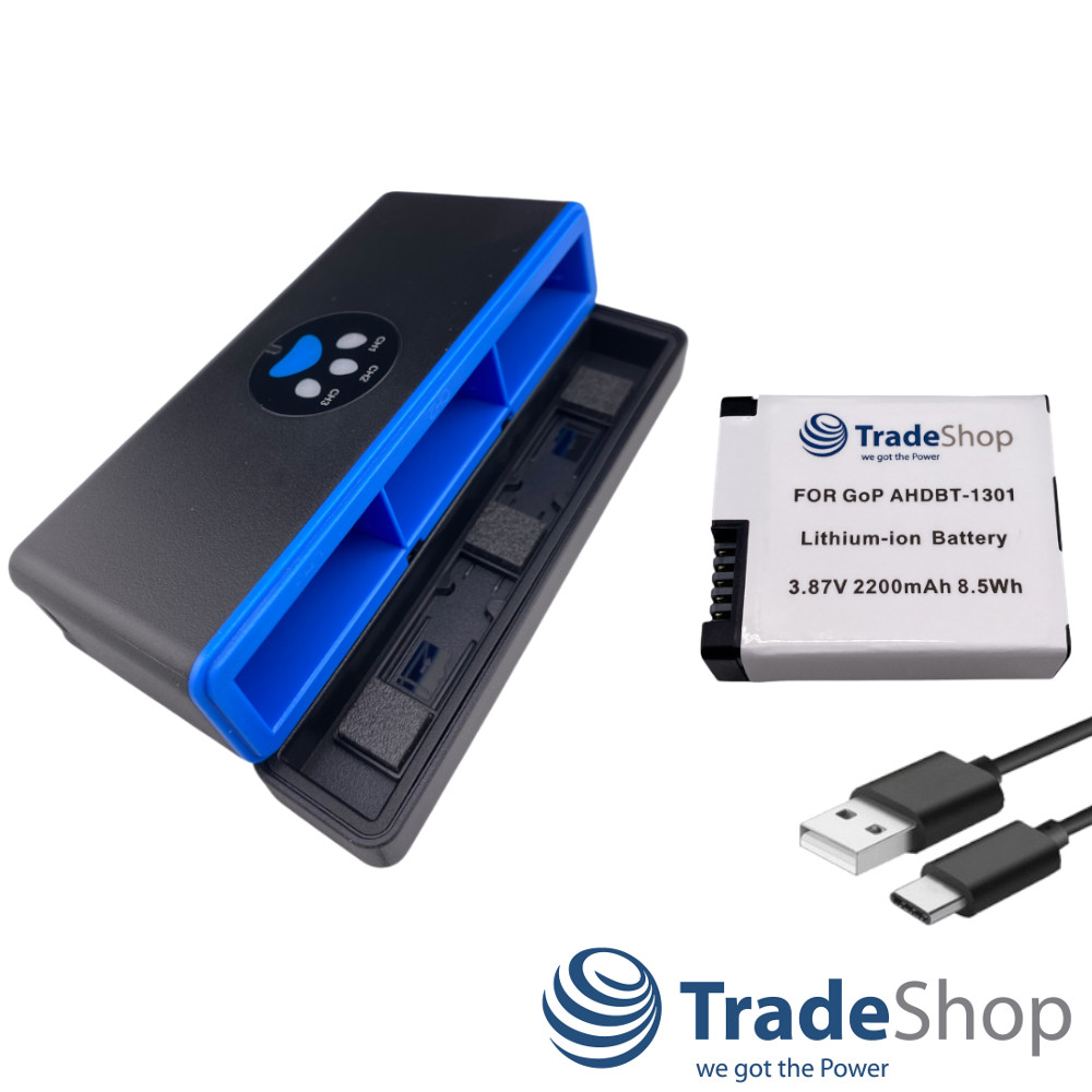 2in1: Akku + USB-C Dreifach-Ladebox LCD für GoPro HERO13 Black, AHDBT-1301
