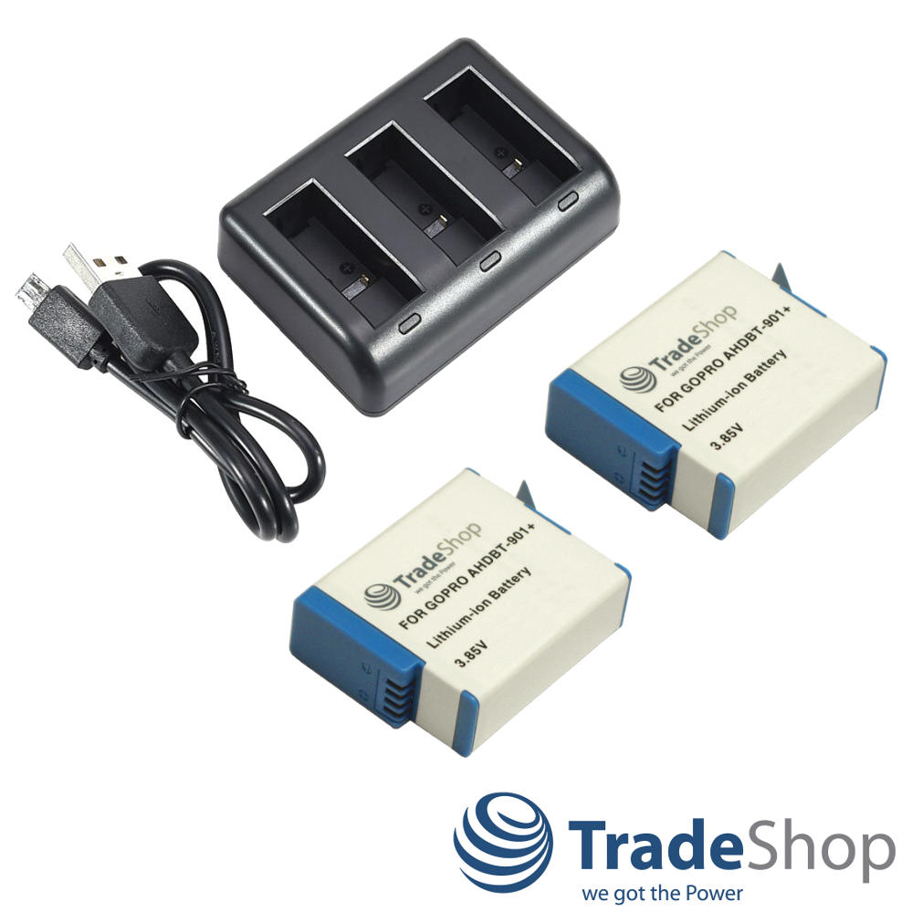 2x Akku + 3-fach Ladegerät für GoPro Hero 9 10 11 Black AHDBT-901 ADBAT-001