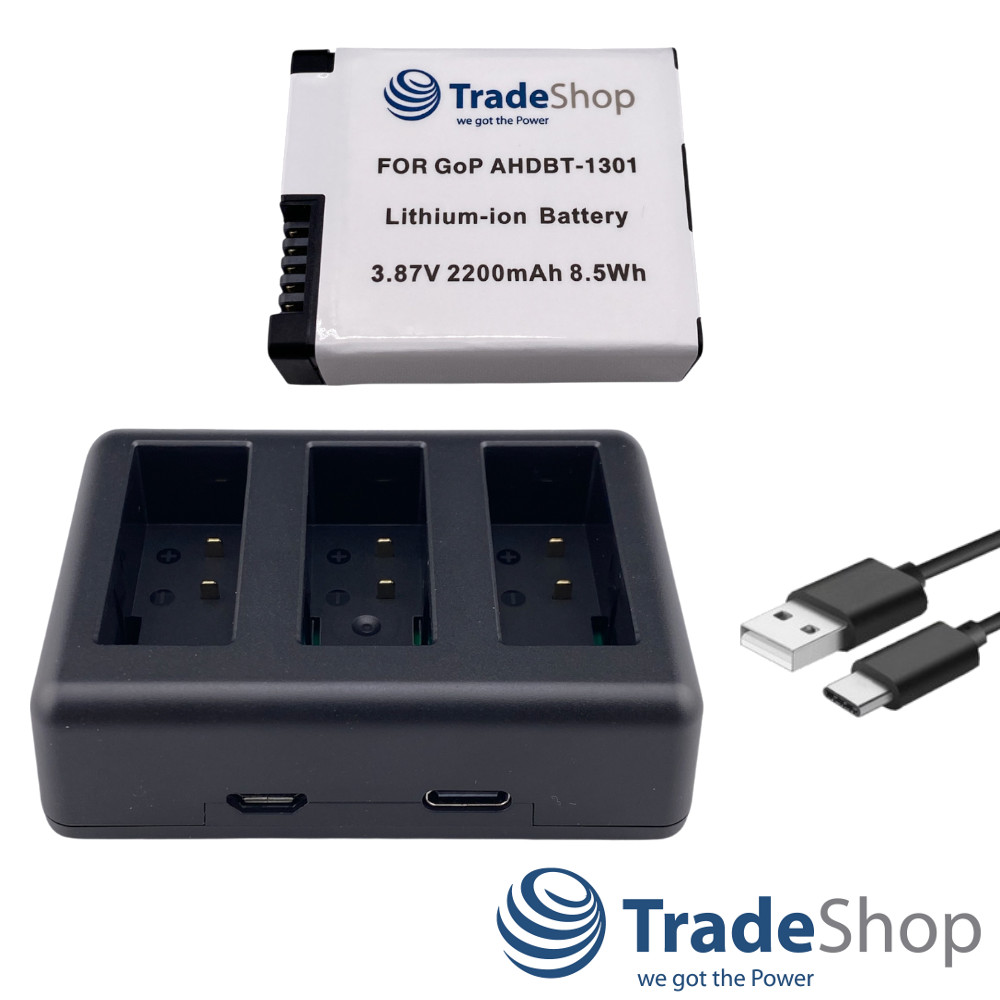 2in1: Akku + USB-C Dreifach-Ladegerät LCD für GoPro HERO13 Black, AHDBT-1301