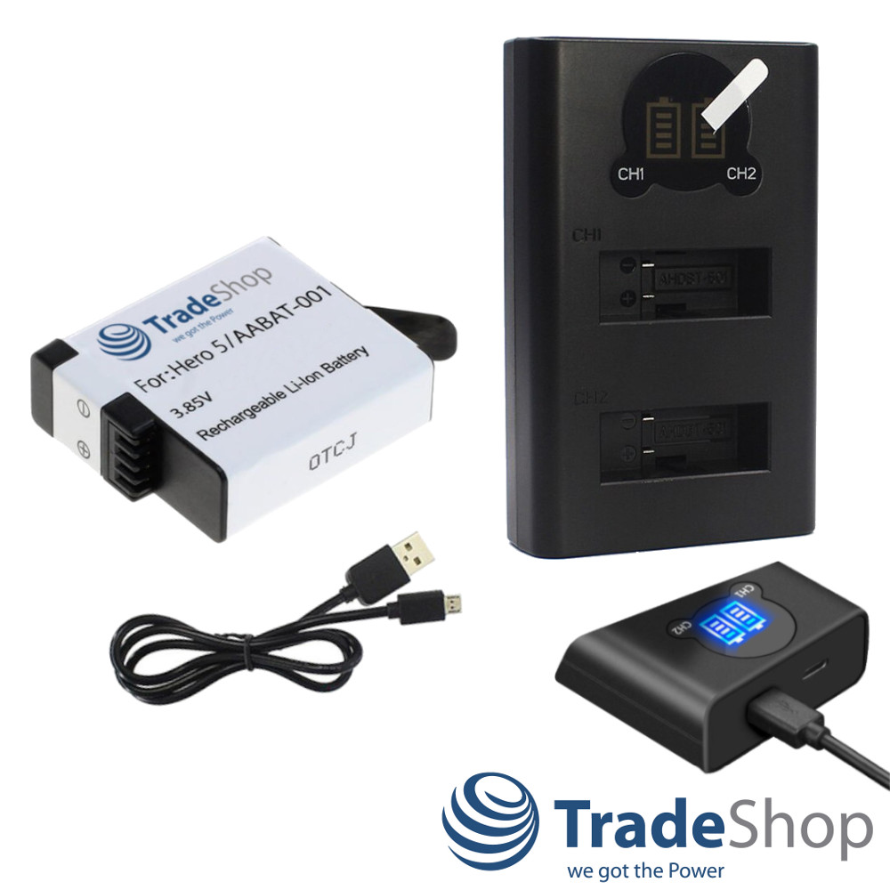 2in1: Akku + Dual Ladegerät LCD Ladestation für GoPro Hero 5, 6, 7, 8 AHDBT-501