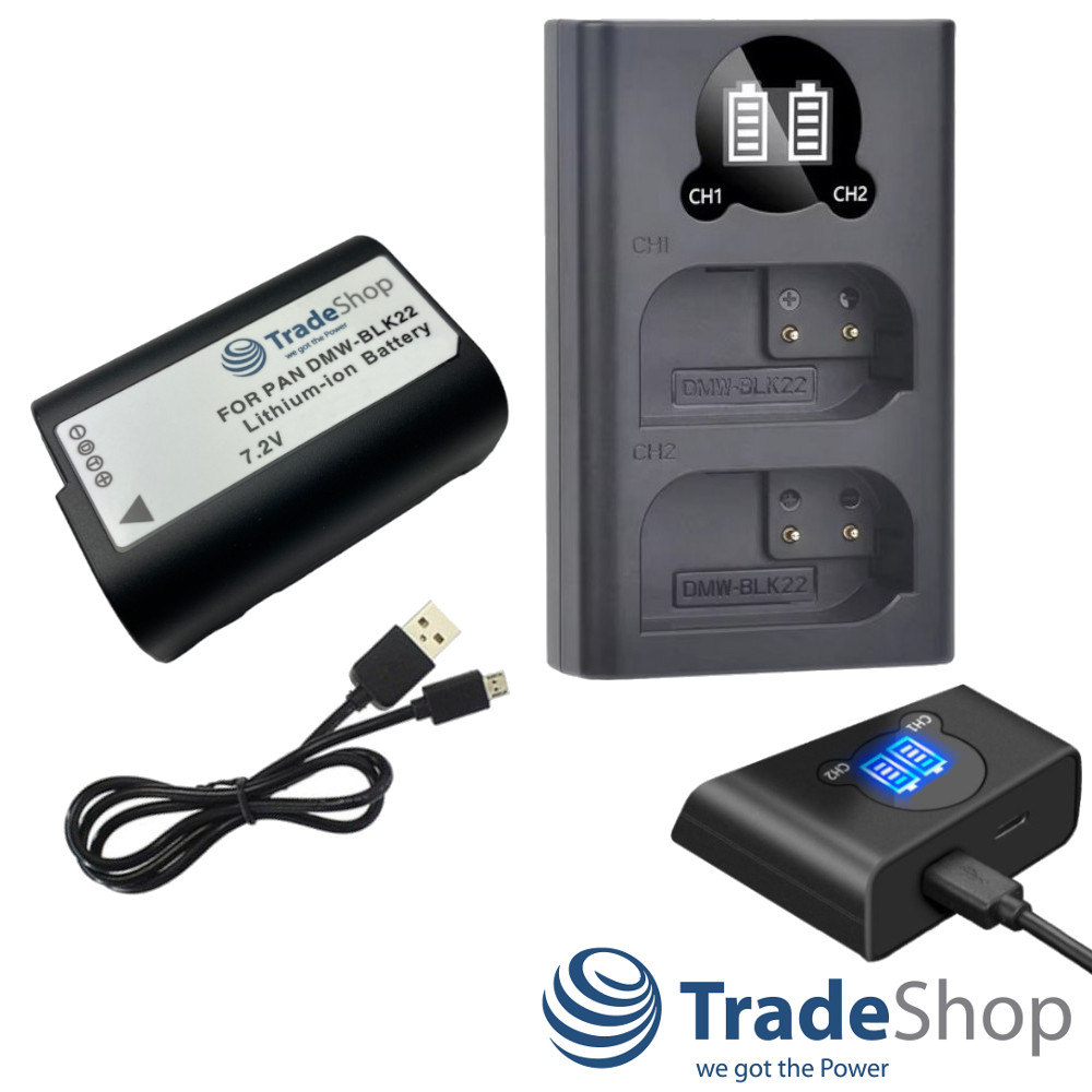 2in1: Akku + Dual Ladegerät LCD Ladestation für Panasonic DMW-BLK22 BLK22E BLK22GK