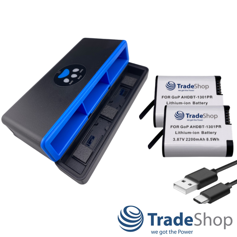 3in1: 2x Akku + USB-C Dreifach-Ladebox LCD für GoPro HERO13 Black, AHDBT-1301