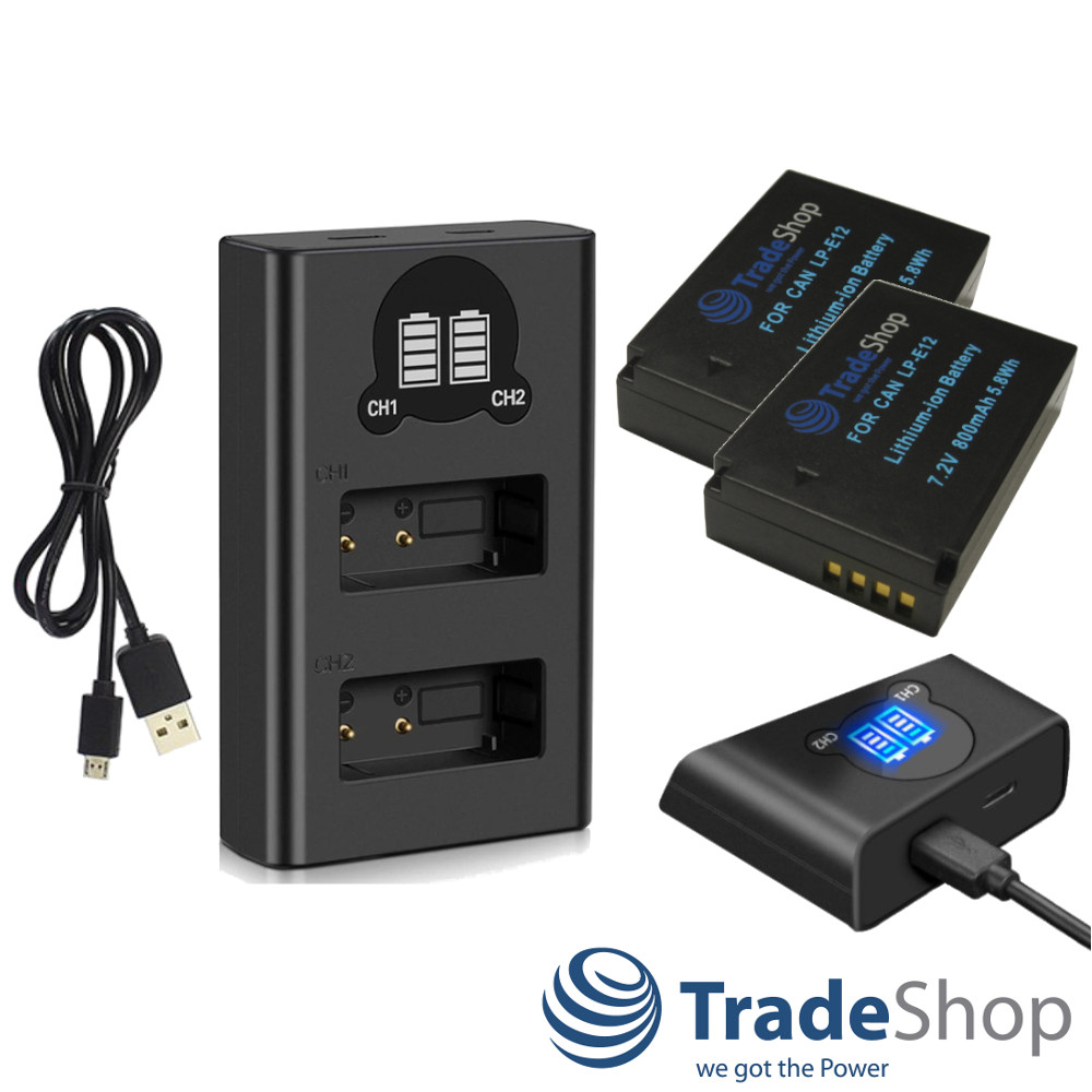 2x Akku + Dual Ladegerät LCD Ladestation für Canon LP-E12 LC-E12E