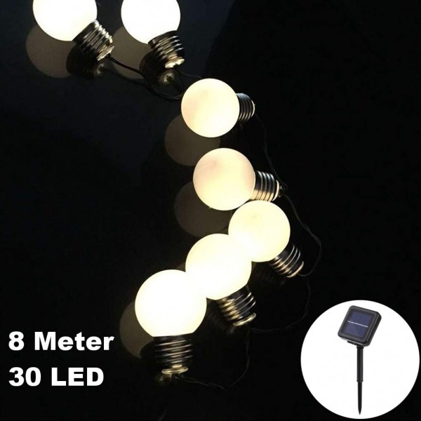 30 LED 8 Meter Solar LED Lichterkette Deko Glühbirnen Matt Warmweiß