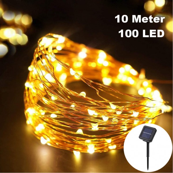 100 LED 10 Meter Solar LED Lichterkette Draht Kabel Deko Warmweiß