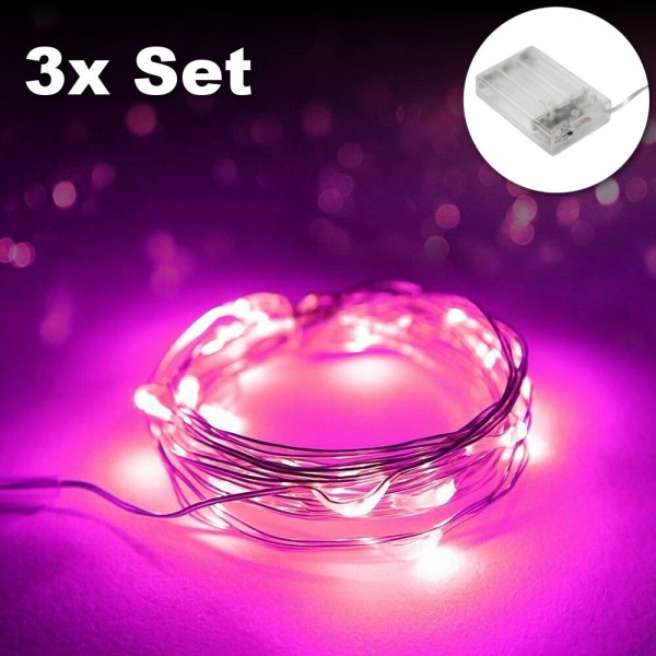 3x Draht-Lichterkette 30 Micro LED Pink Rosa 3 Meter AA Batterie Biegsam