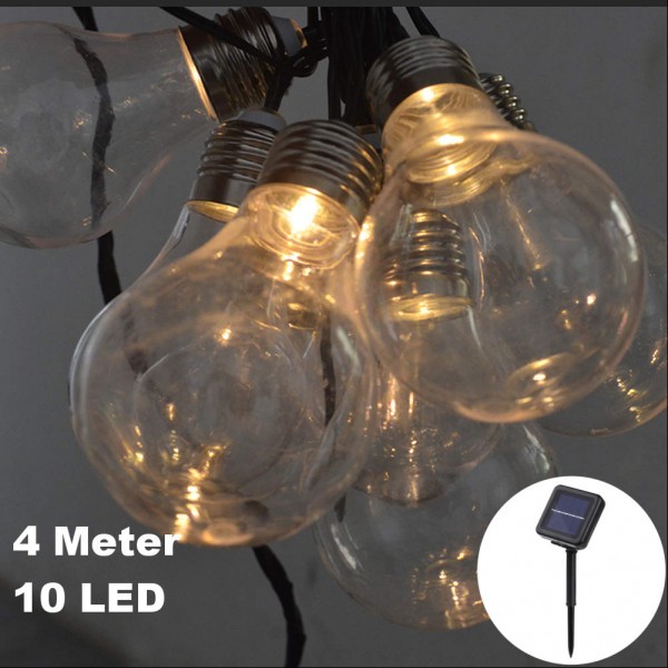10 LED 4 Meter Solar LED Lichterkette Deko Glühbirnen Warmweiß